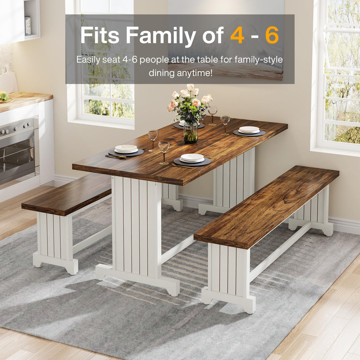 Tribesigns 47" Dining Table Set for 4-6, 3-Piece Kitchen Room Table with 2 Benches, Farmhouse Wood Dinner Table for Small Space, Home Kitchen, White & Rustic Brown Tribesigns