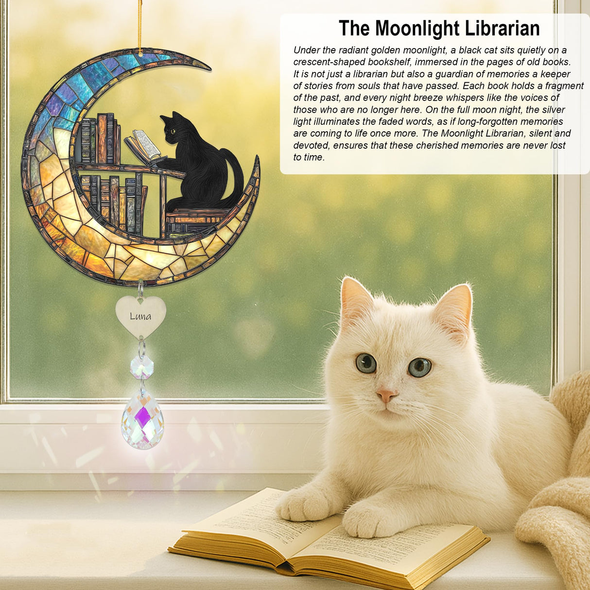 Black Cat and Bookshelf Suncatcher - Black Cat Reading a Book on The Moon Suncatcher, Bookworm Ornament with Crystal Suncatchers, Pet Memorial Gifts for Women, Gift for Book Lovers and Pet Owner. BOBI CARE