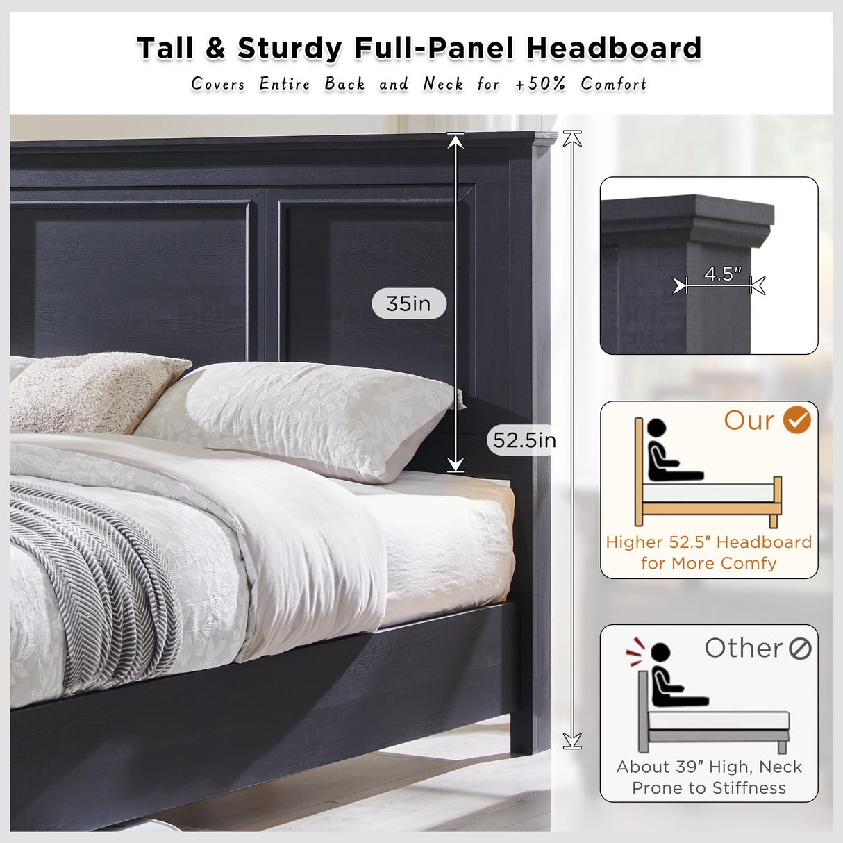 JXQTLINGMU Farmhouse Queen Wood Bed Frame with 52" Tall Headboard & Footboard, Platform Bedframe with Hidden Storage Drawers, Noiseless, No Box Spring Required, Antique Black JXQTLINGMU