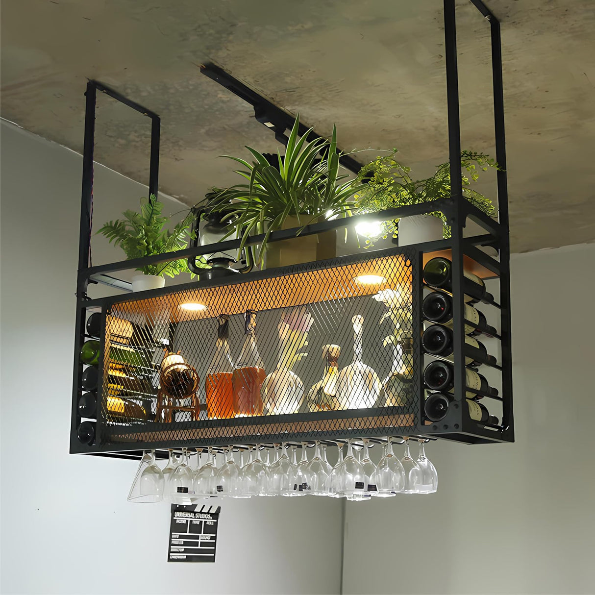 RAJYQODIS Hanging Metal Wine Rack with LED Light, 2 Tier Rustic Industrial Wine Glass Holder, Multifunctional Bar Liquor Bottle Display Storage, Wall Mounted/Hanging Installation (47.24in/120cm) RAJYQODIS