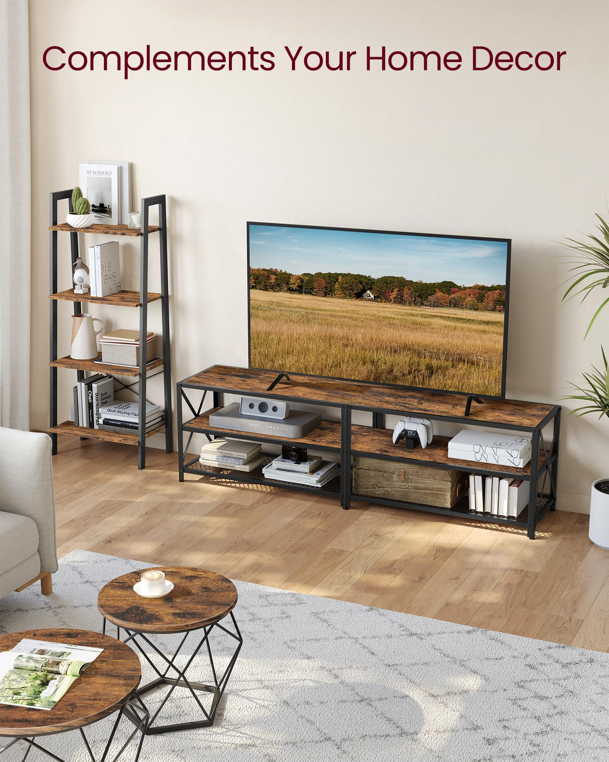 VASAGLE TV Stand, TV Console for TVs Up to 75 Inches, TV Table, 70.1 Inches Width, TV Cabinet with Storage Shelves, Steel Frame, for Living Room, Bedroom, Rustic Brown and Black ULTV096B01V1 VASAGLE