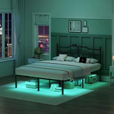 YORMDMO King Bed Frame with LED Lights, 14 inch Metal Bedframe with Headboard, Outlets & USB, Heavy Duty Basic Steel Slats Platform, Noise Free, No Box Spring Needed