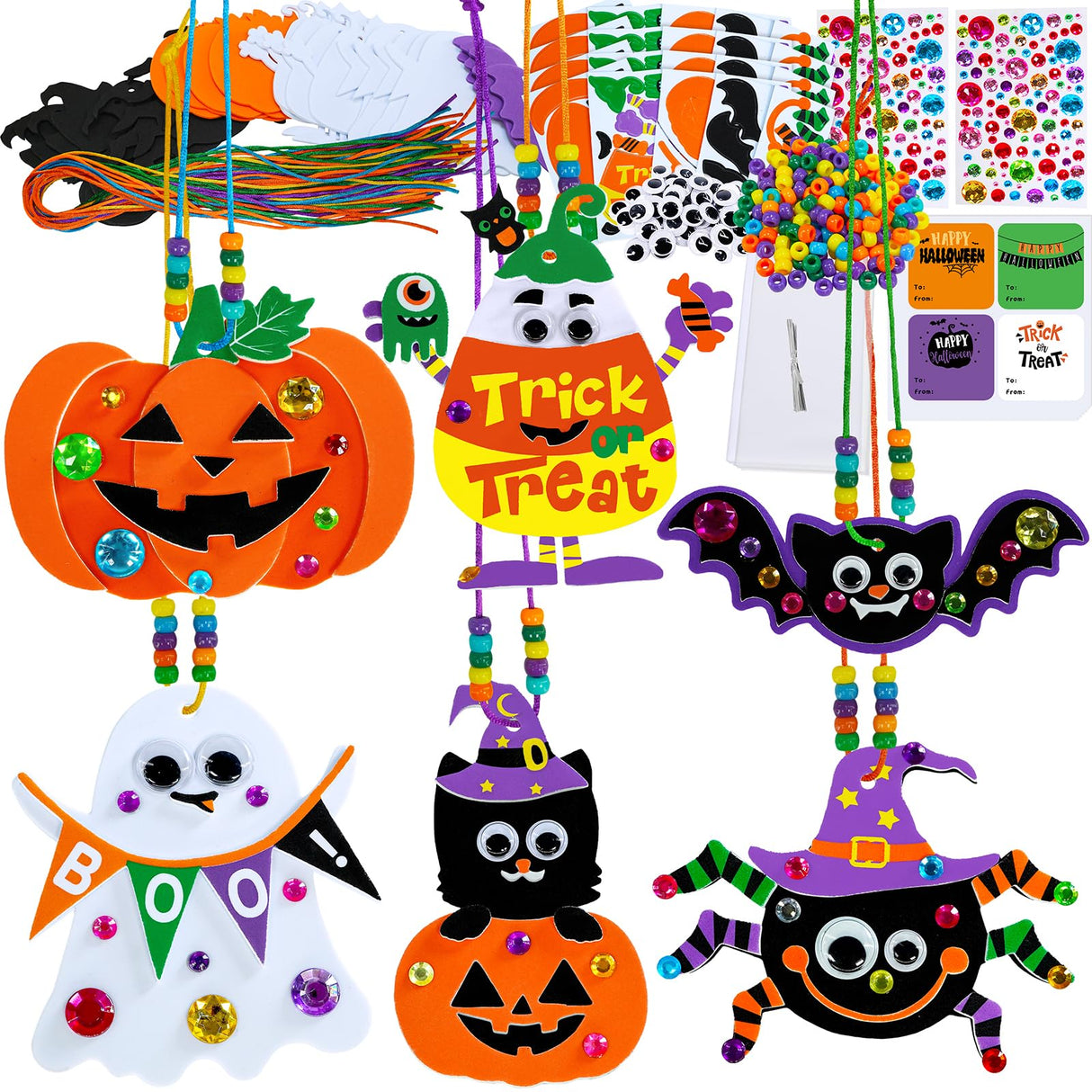 Winlyn 24 Sets Halloween Craft Kits DIY Art Sets Spider Bat Ghost Pumpkin Foam Stickers for Kids Fall Home Classroom Activities Trick-or-Treat Party Favors Winlyn