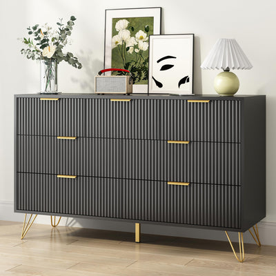 BAZELOR Black Dresser for Bedroom, 7 Drawers Dresser with Golden Handles, Modern Wood Chest for Living Room, Hallway, Entryway