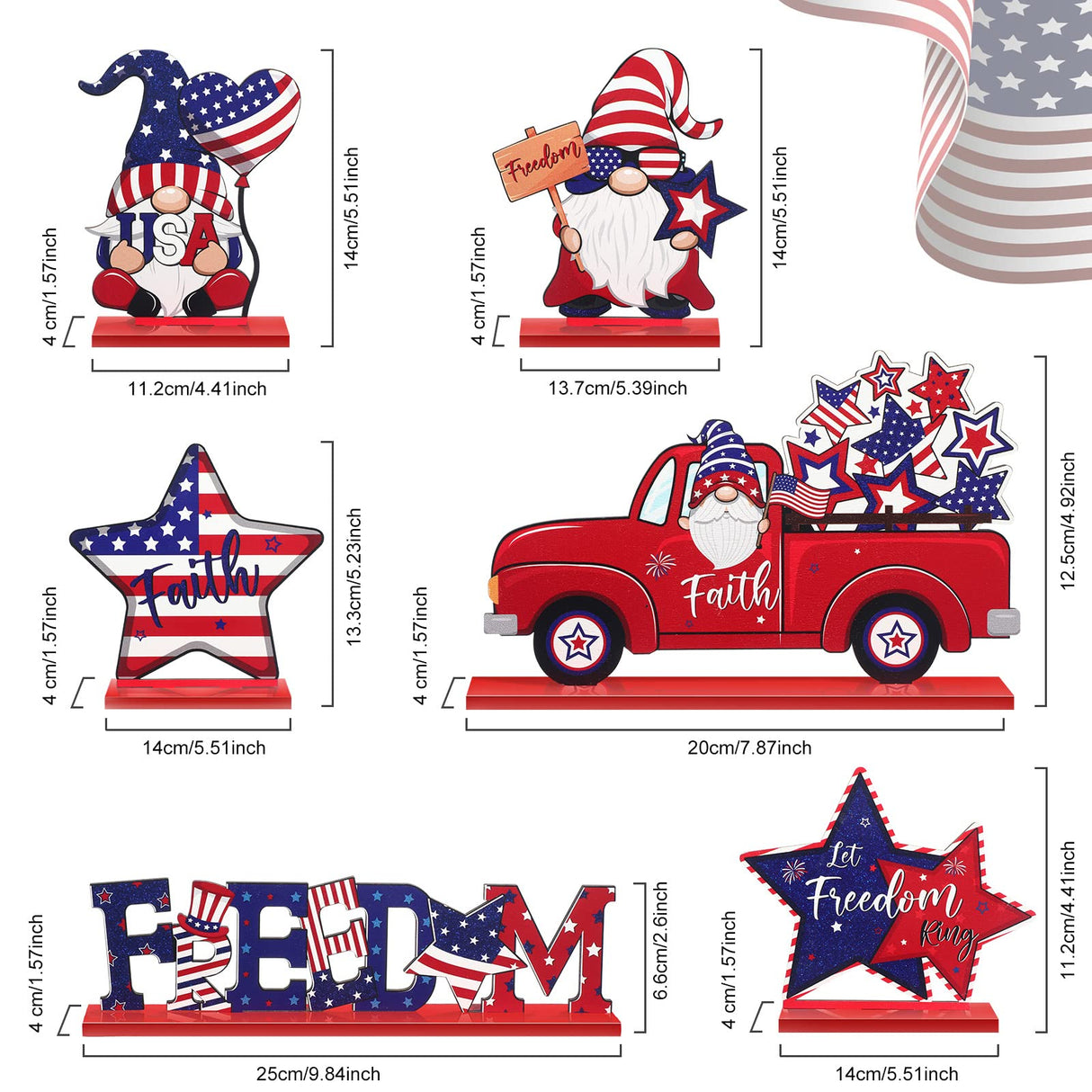 Qunclay 6 Pieces Patriotic Table Decor Memorial Day Table Decorations Wooden Gnome Freedom Truck Star 4th of July Table Signs for Veterans Day Independence Day Table Topper Decor Supplies (With Base) Qunclay