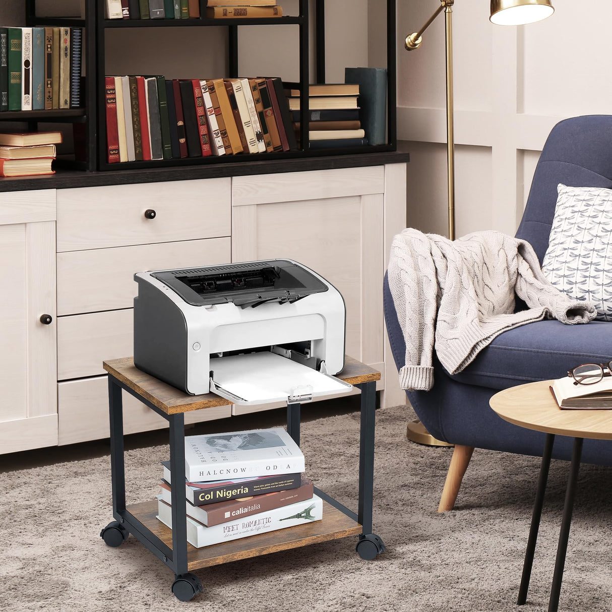 Cakokow Under Desk Printer Stand - 2-Tier Industrial Mobile Printer Table with Storage Shelf, Heavy Duty Wood Rolling Printer Cart with Wheels for Home and Office,Rustic Brown Cakokow