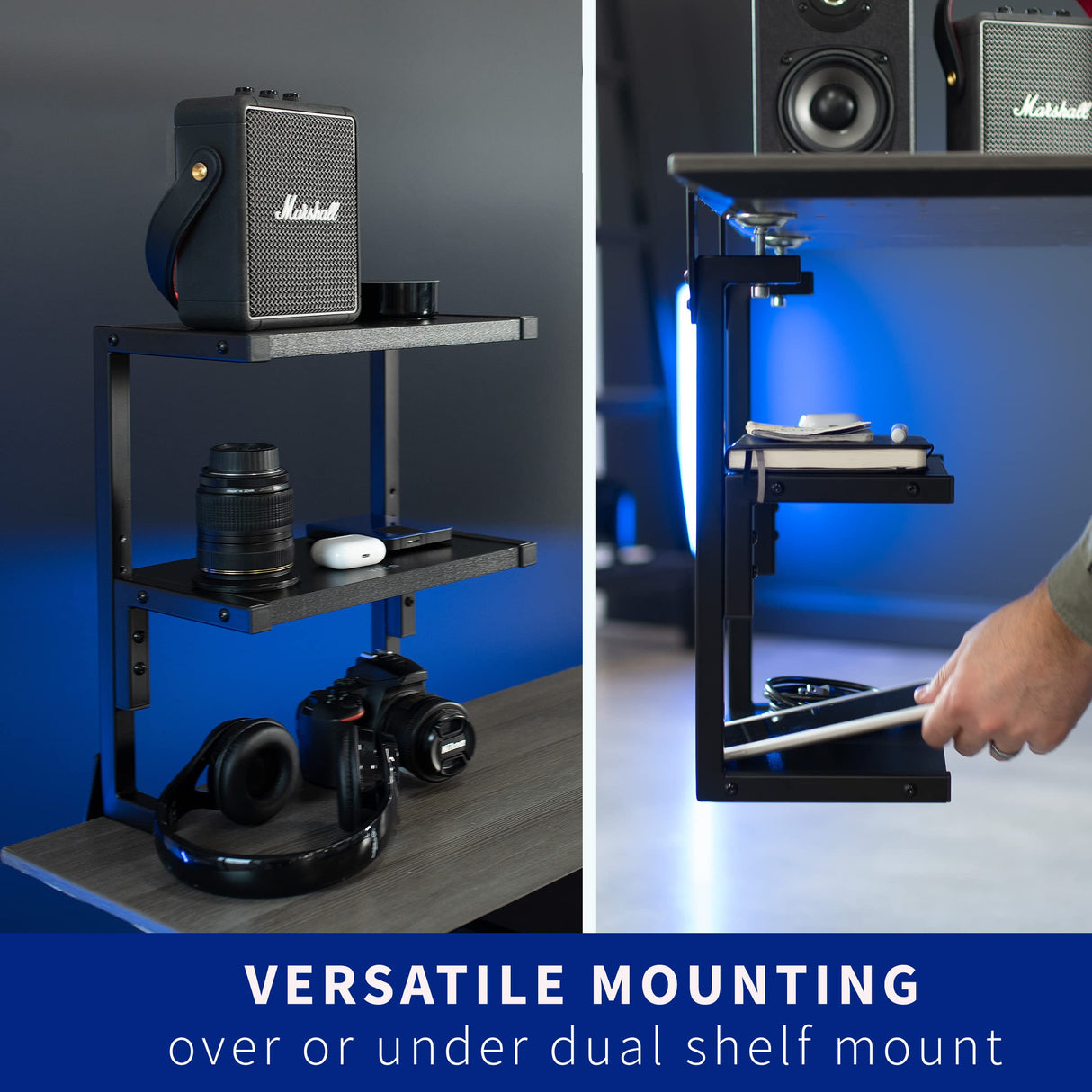 VIVO Clamp-on 13 inch Above or Below Desk 2-Tier Shelving Unit for Table Accessories, Gaming Devices, and More, Storage Tray, Desktop Organizer, Black, STAND-SHELF2C VIVO