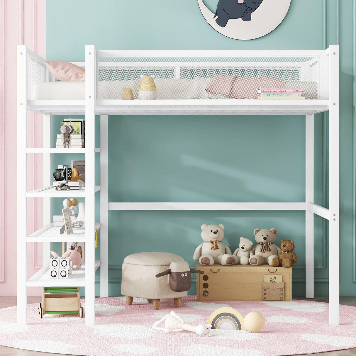 Bellemave Full Size Loft Bed with 4-Tier Shelves and Storage, Metal Loft Bed with Bookshelf, Full Size Loft Bed with Storage Stairs(White) Bellemave