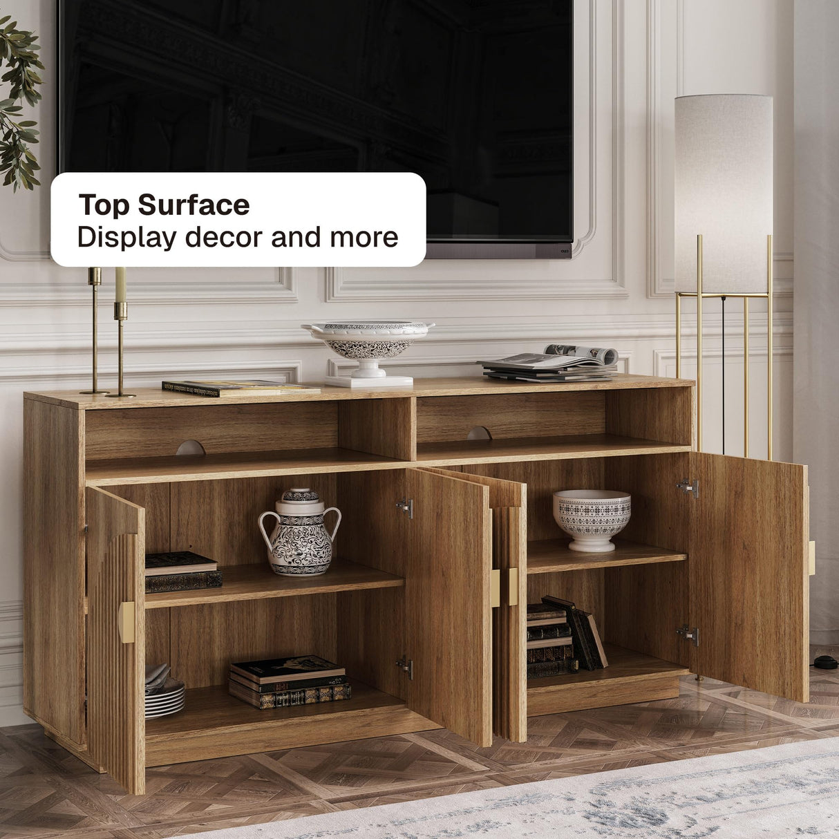 BELLEZE 65 Inch Fluted TV Stand, Mid Century Modern Entertainment Center with Storage Cabinets & Open Shelves, Media Console TV Cabinet with Adjustable Shelves for Living Room, Caramel Brown BELLEZE