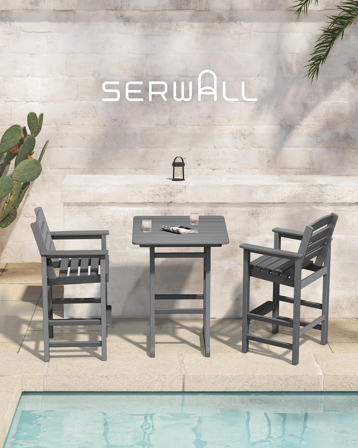 SERWALL Balcony Adirondack Chairs and Table 3 Pieces Set, Adirondack Bar Height Chairs Set of 2 and Bar Table, Outdoor Bar Stools Set, Gray SERWALL