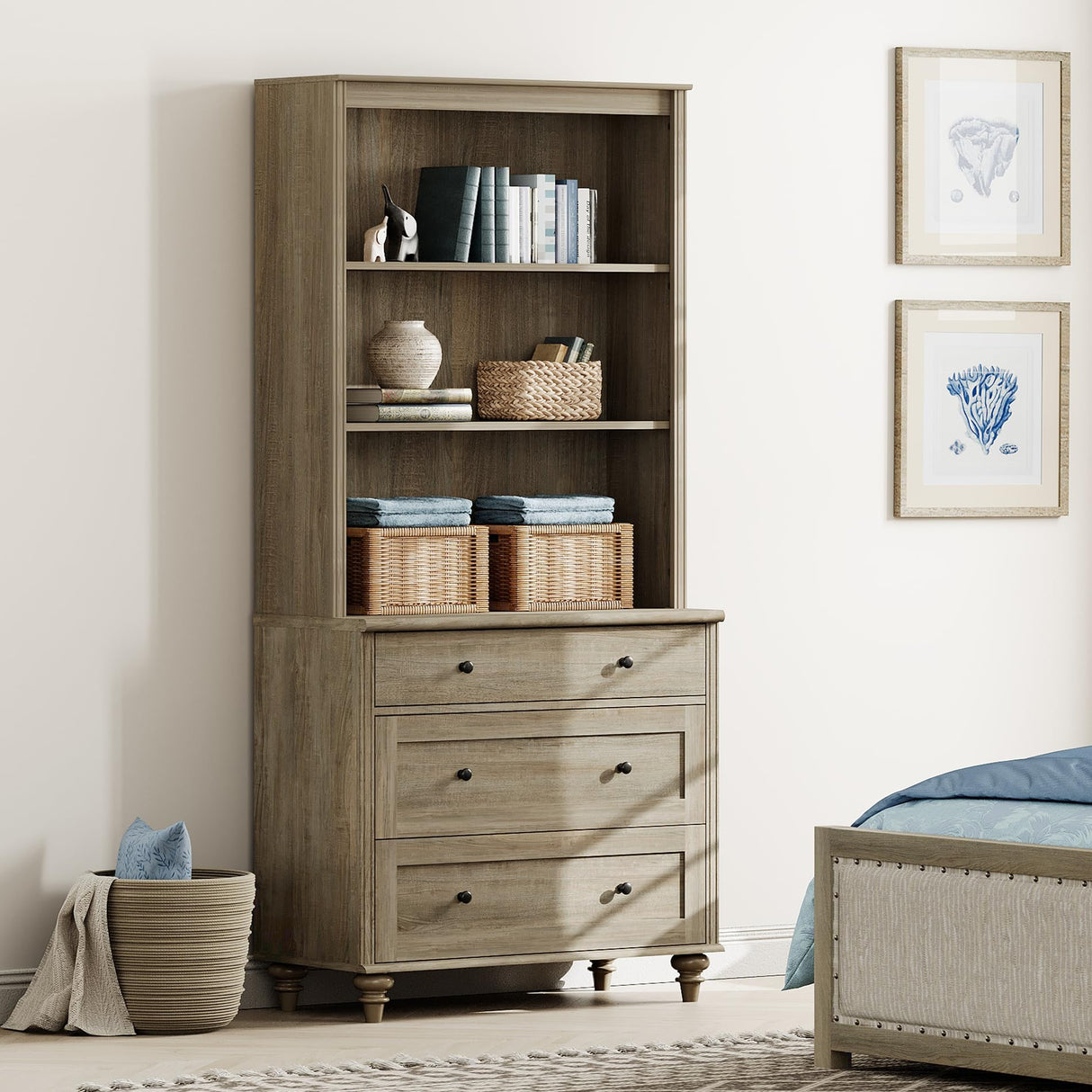 WAMPAT 72" Tall Bookcase Large Display Book Case Shelf with 3-Tier Open Book Shelfs, 3 Tier Farmhouse Style Bookshelf with 3 Drawers, Wood Bookshelves for Living Room or Study Room, Wash Grey WAMPAT