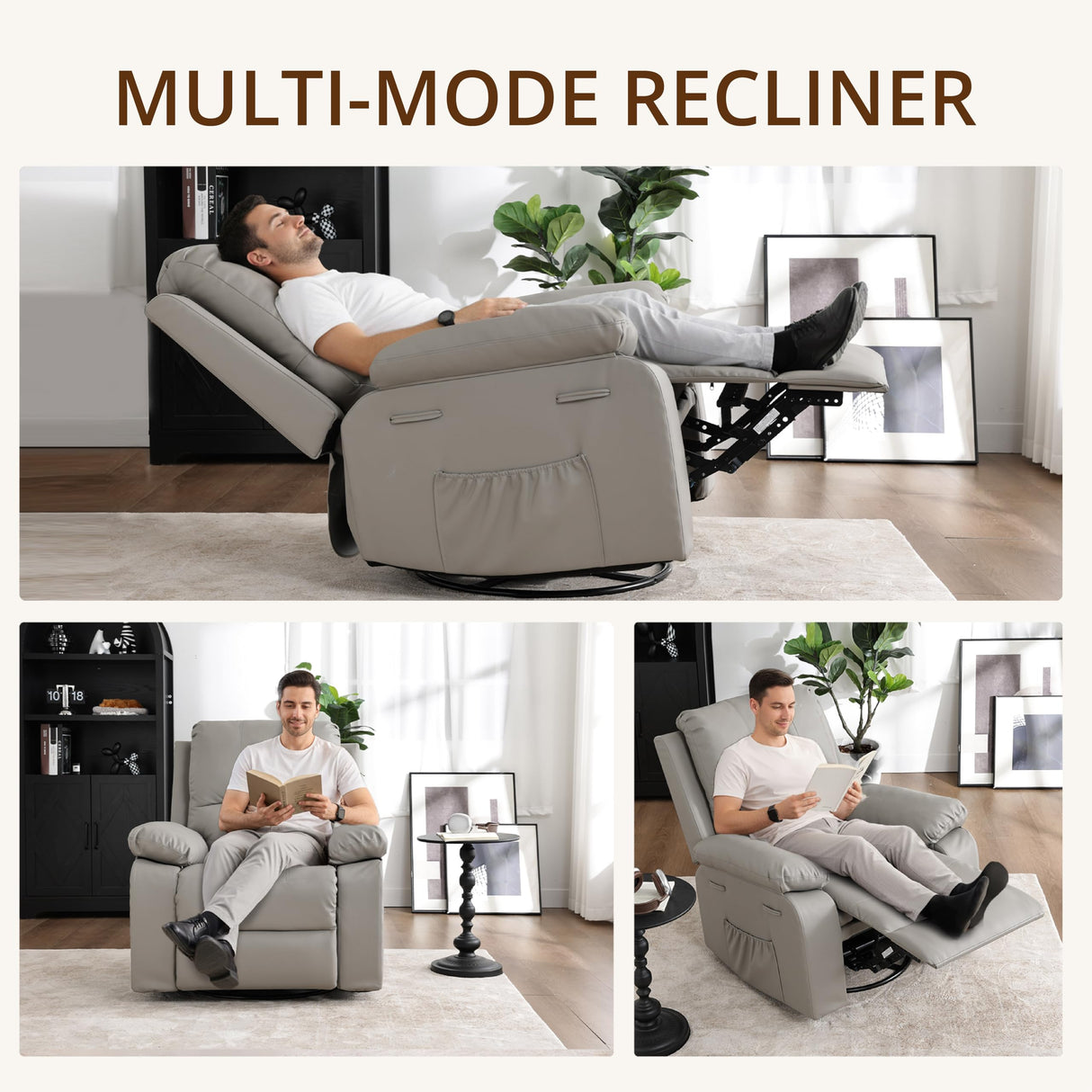 zzlay 360° Swivel Rocking Leather Recliner Chair for Adults, Overstuffed Manual Recliner with Spring Cushion, Glider Rocking Nursery Single Sofa with Side Pockets for Living Room, Beige zzlay