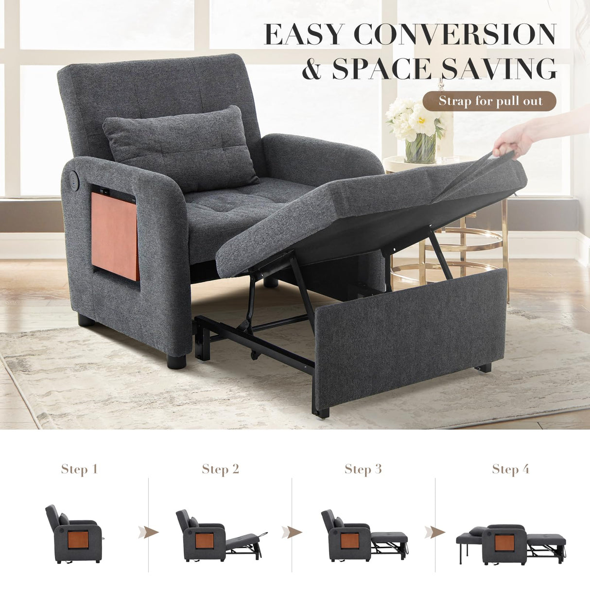 Convertible Sleeper Chair-Fabric Futon Sofa Bed, Single Sleeper Sofa, Small Couch Bed with USB Port, Foldable Table, Pillow, Adjustable Backrest for Dorm/Bedroom/College Darkgrey COLAMY