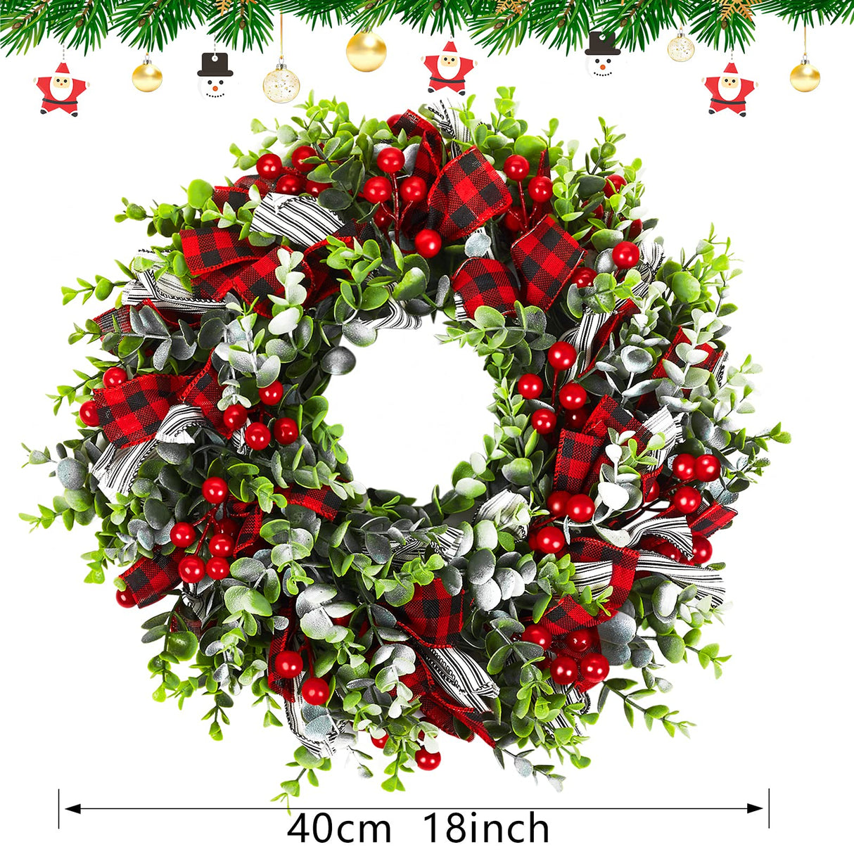MTSCE Christmas Wreath, Front Door Decoration Wreath Winter Garland Artificial Wreath for House Party Outdoor Indoor Red Black Plaid Wreath-18 Inch MTSCE
