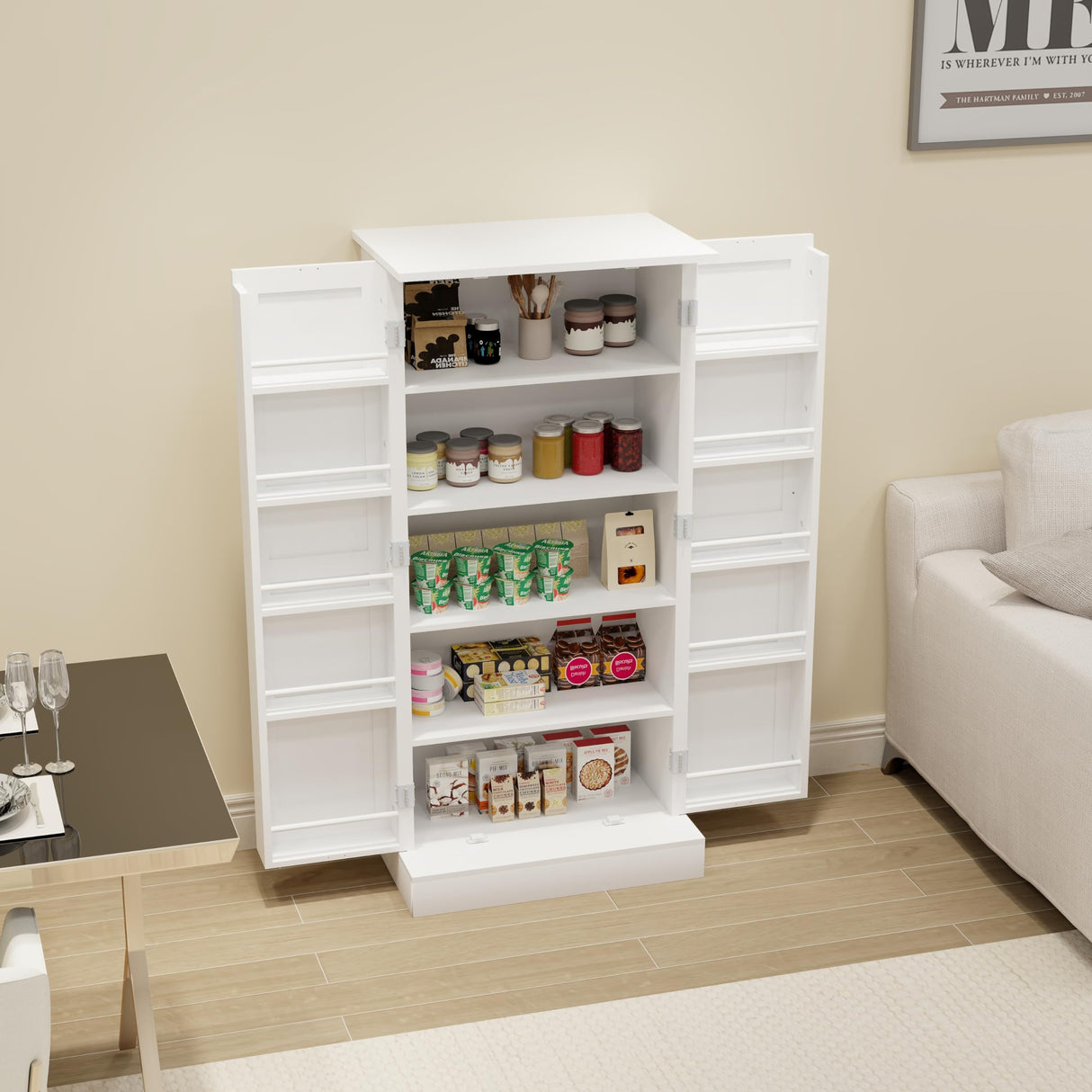 NicBex 50" Kitchen Pantry Storage Cabinet with LED Light,2 Doors with Racks and Shelves,Tall Farmhouse Kitchen Pantry Cabinet & Wardrobe,Freestanding Cupboard for Dining Room,Bathroom,Kitchen,White NicBex