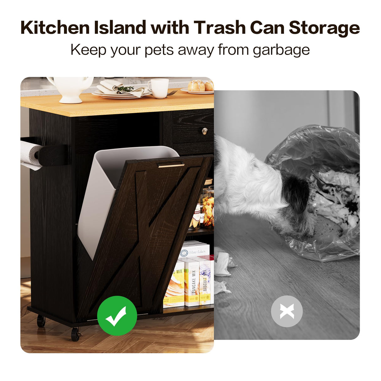 Rolling Kitchen Island with Trash Can Storage, Kitchen Island Cart with Drop Leaf Countertop, 47.2” Kitchen Island on Wheels, Island Table with Drawer & Shelf for Kitchen, Fits 10-Gallon Bins spanspace