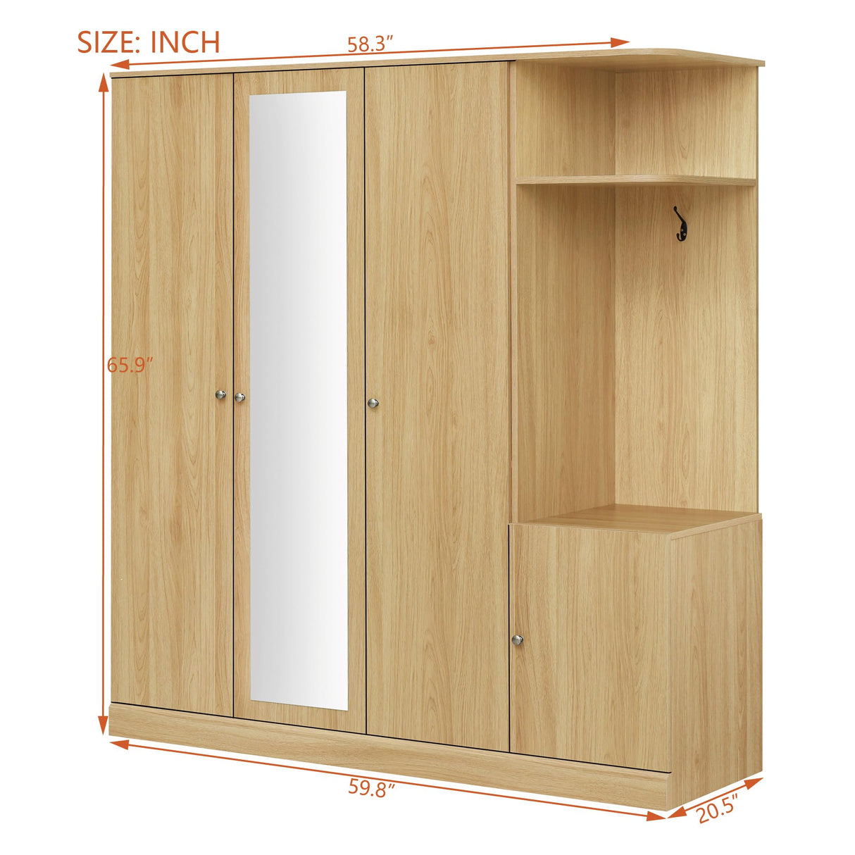 Quarte 4-Door Wardrobe with Full-Length Mirror, Shoe Storage & Anti-Tip Design, Modern Closet Organizer in White/Gray/Natural Wood (Natural/nn) Quarte