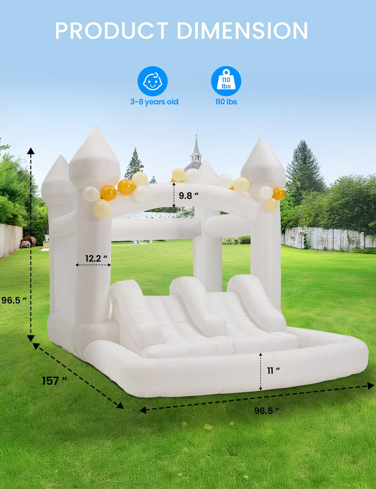 BUPPLEE Inflatable White Bounce House Jumping Castle with 480W Air Blower, 13x8x8FT Large Indoor Outdoor Bouncy Castle Theme for Kid and Adult with Slide & Ball Pit Perfect for Parties Events All Ages BUPPLEE