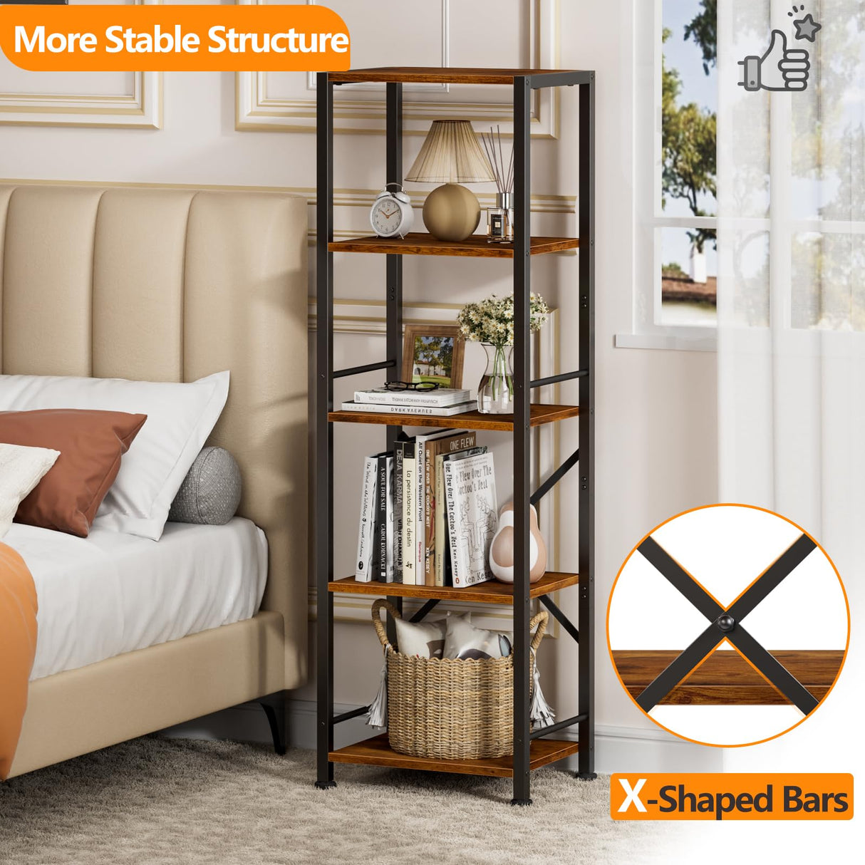 Furologee 5 Tier Tall Bookshelf, Rustic Narrow Bookcase, Display Standing Shelf Units, Metal and Wood Storage Shelves Organizer for Bedroom, Living Room, Home Office, Entryway, Kitchen, Rustic Brown Furologee