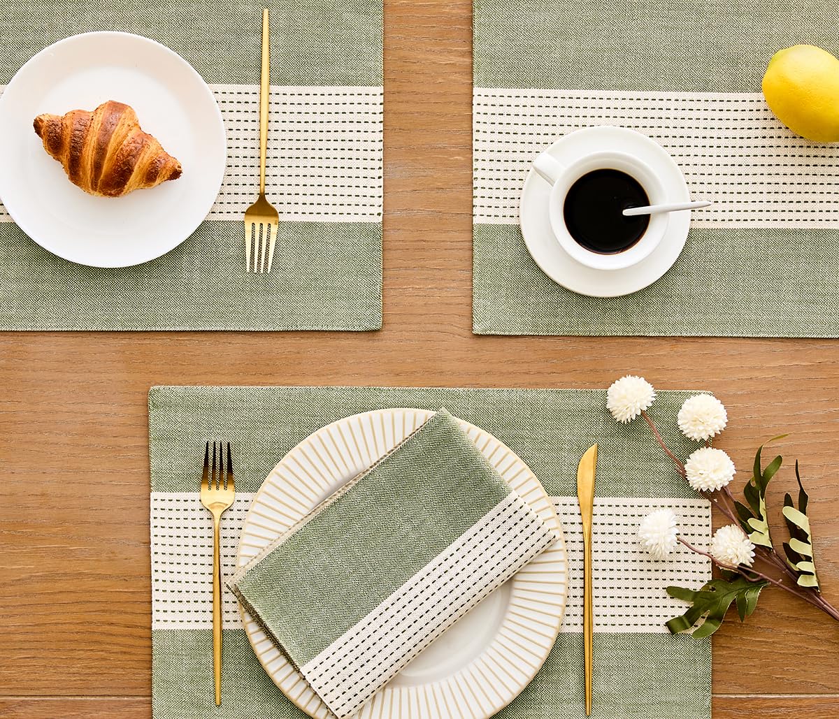 Wracra Linen Placemats, 12 x 18 Inch Set of 4 Placemats, Farmhouse Macrame Place Mats for Kitchen Table and Heat Resistant-Hemstitch Sage Green 4PCS Wracra
