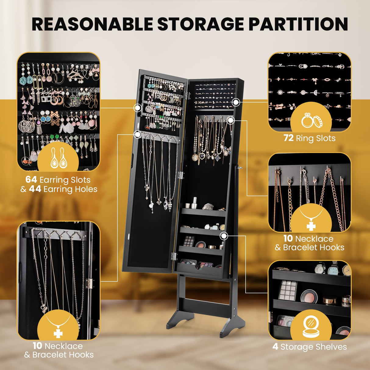 LOKO Freestanding Jewelry Armoire Cabinet, Jewelry Organizer with Full Length Mirror, Standing Makeup Mirror Cabinet w/ 3 Adjustable Angles & Large Storage Capacity, for Bedroom Dressing Room (Black) LOKO