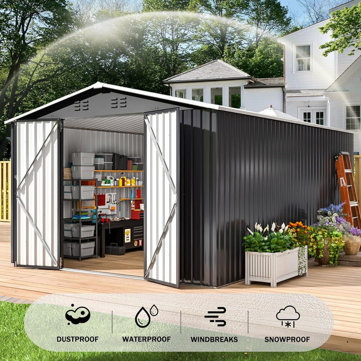 Polar Aurora 10 x 14 FT Outdoor Storage Shed, Metal Garden Shed with with Updated Frame Structure, Tool Sheds for Backyard Garden Patio Lawn, Black Polar Aurora