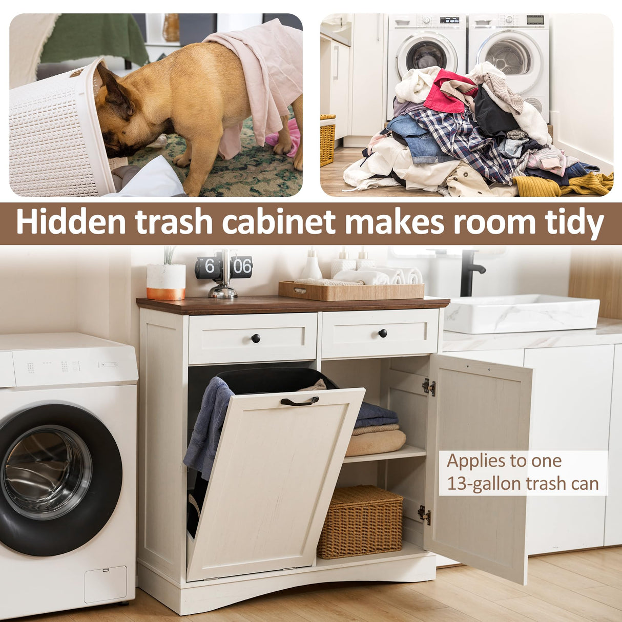 Spurgehom 13 Gallon Tilt Out Trash Cabinet Kitchen Waste Bins, Laundry Hamper Tilt Out Pet Proof Hidden Trash Bin for Kitchen Living Room, Antique White Spurgehom