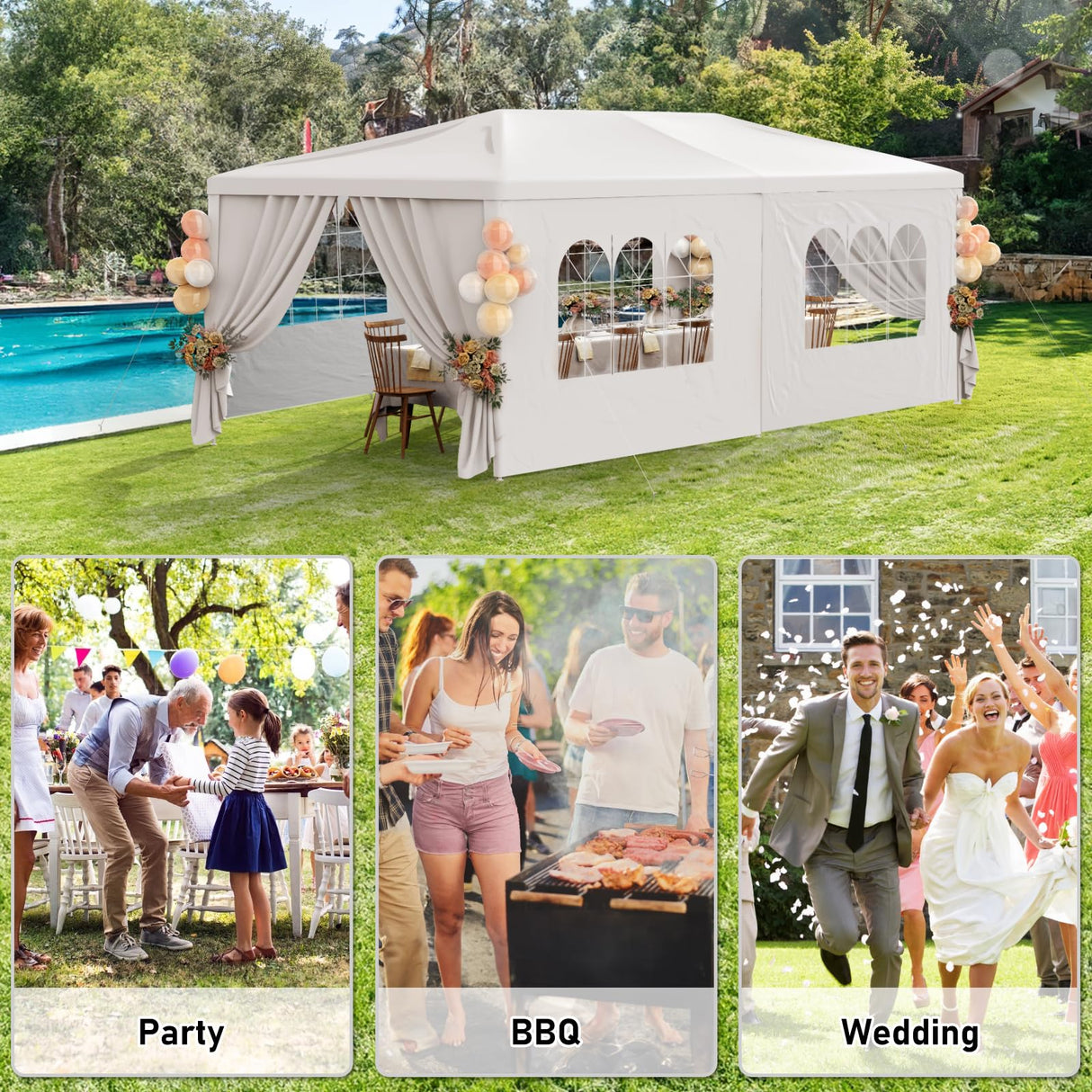 White Party Tent 10X20 Outdoor Canopy Tents for Parties Heavy Duty Waterproof Patio Gazebo Shelter with 6 Removable Sidewalls Wedding BBQ Events Tent for Birthday Holiday Backyard Garden Christmas susici