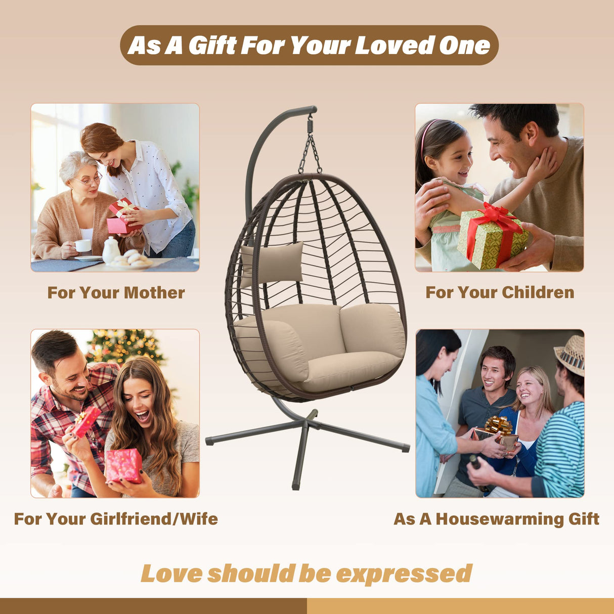 ALAULM Egg Swing Chair Outdoor Indoor Wicker Rattan Hanging Chair with Stand 350lbs Capacity w/Strong Frame & UV Resistant Cushions for Patio Balcony Bedroom (Brown) ALAULM