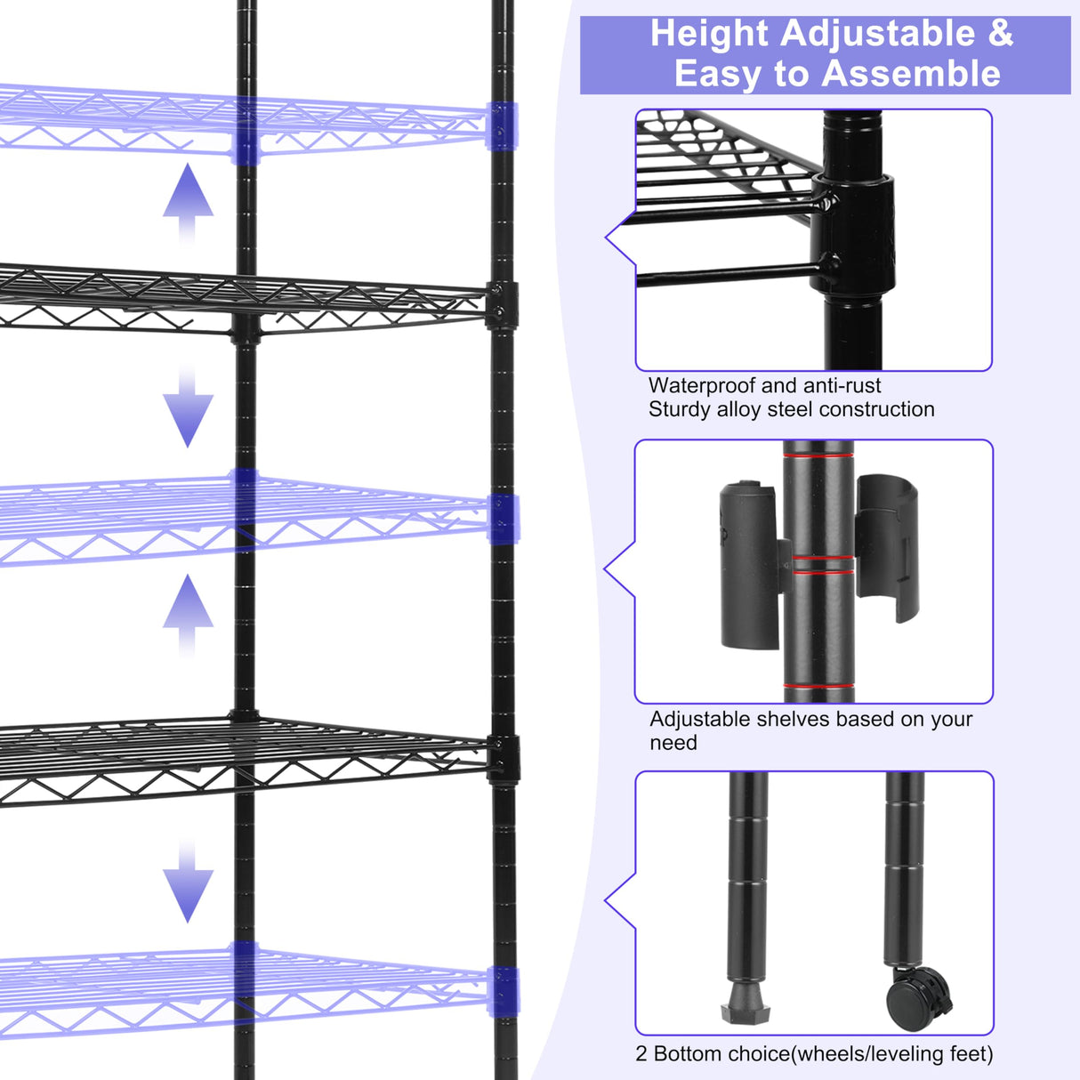 Whitmor 4 Tier Storage Shelving, Heavy Duty with Wheels, Adjustable Steel Organizer Wire Rack, 400 lbs Capacity per Shelf, Max 1600 lbs Total for Garage, Kitchen, Plant, 36" L x 14" W x 54" H, Black Whitmor