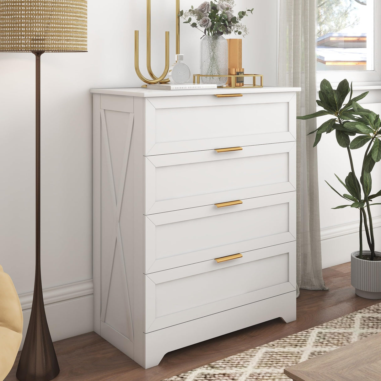 FTZxHKLX White 4 Drawer Dresser for Bedroom, Tall Bedroom Dresser with Large Drawer & Golden Handles, Wooden Storage Organizer Cabinet Chest of Drawer for Closet, Living Room, Hallway, Children's Room FTZxHKLX