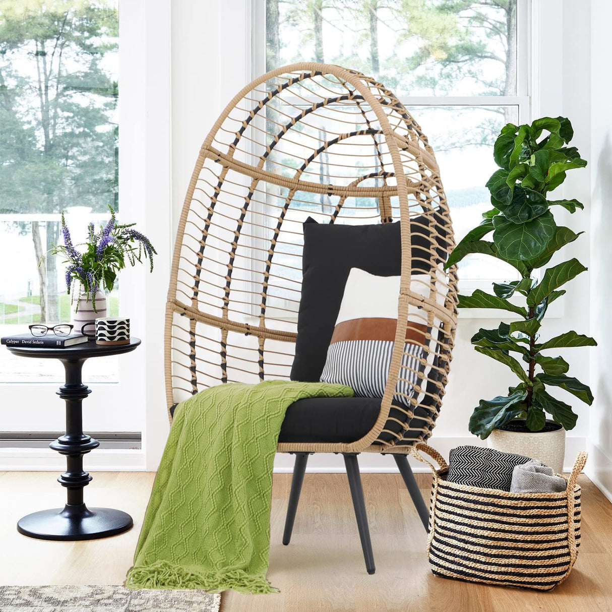Patiorama Wicker Egg Chair Outdoor Indoor, Rattan Lounge Chair for Outside w/Legs Cushion, Basket Wicker Chair for Bedroom Living Room Front Porch Backyard Garden 350 lbs Capacity (Black) Patiorama