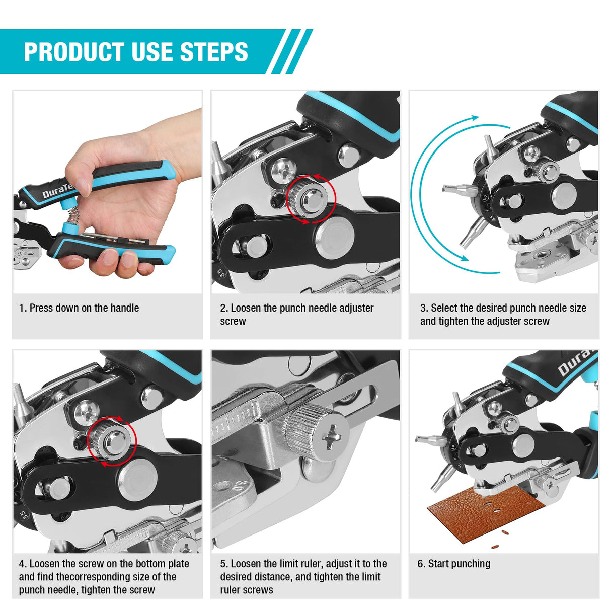 DURATECH Leather Hole Punch, Heavy Duty Belt Hole Punch Plier with 6 Solid Holes for Belts, Watch Bands, Straps, Pet Collars, Saddles, Shoes, Fabric, DIY Home or Christmas Craft Projects DURATECH