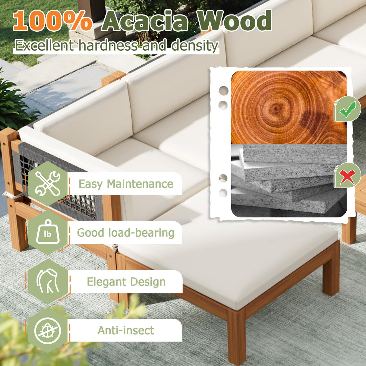 Devoko 7 Piece Acacia Wood Patio Sofa, Outdoor Sectional Coach and Love Seat with Coffee Table, Acacia Wood Patio Furniture Set for Balcony,Porch,Garden Devoko