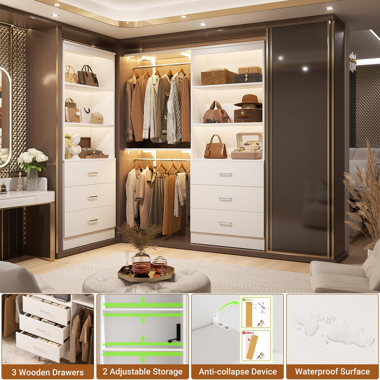 Aheaplus 23.6" Closet Drawers System, Wood Closet Organizer System with 3 Drawers, Modular Walk-in Closet Storage Unit, White (23.6" L x 13.8" W x 71" H) Aheaplus