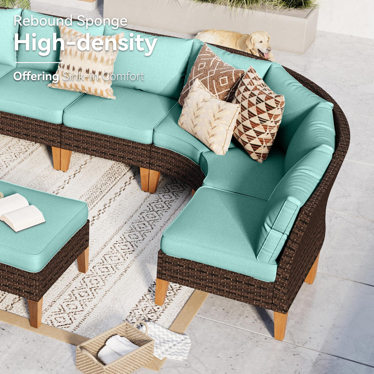 GREEN PARTY 7 Pieces Wicker Patio Furniture Set with 56" Fire Pit Table, All-Weather Outdoor Rattan Patio Half-Moon Curved Sectional Sofa Conversation Set with 4" Thick Cushions for Backyard (Blue) GREEN PARTY