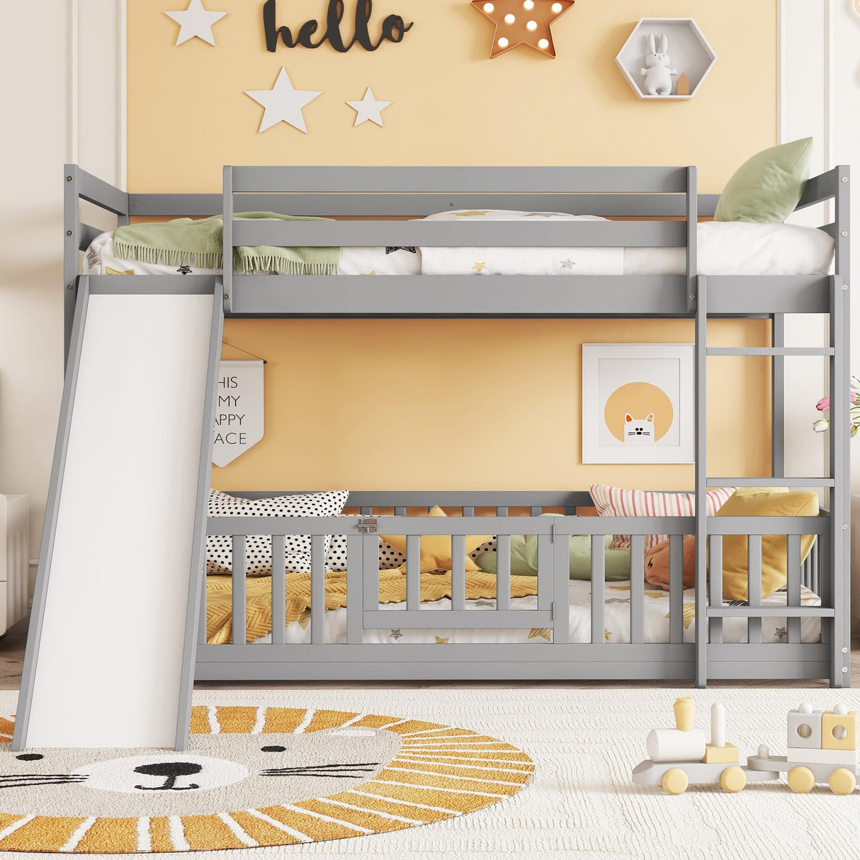 OYUMOENTS Twin Over Twin Bunk Bed with Slide, Low Bunk Bed Frame with Detachable Rails, Convertible Kids Bed with Slide and Ladder for Kids Boys Girls, Gray OYUMOENTS