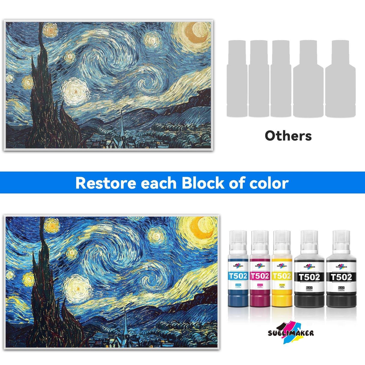 Compatible for Epson 502 Ink Refill Bottles for Ecotank ET-3760 ET-2850 ET-3850 ET-2760 ET-15000 ET-4760 ET-4850 ET-2750 ET-3750 ET-3830 Printers, Compatible for Epson 502 Ink (BK Pigment, C M Y Dye) SUBLIMAKER