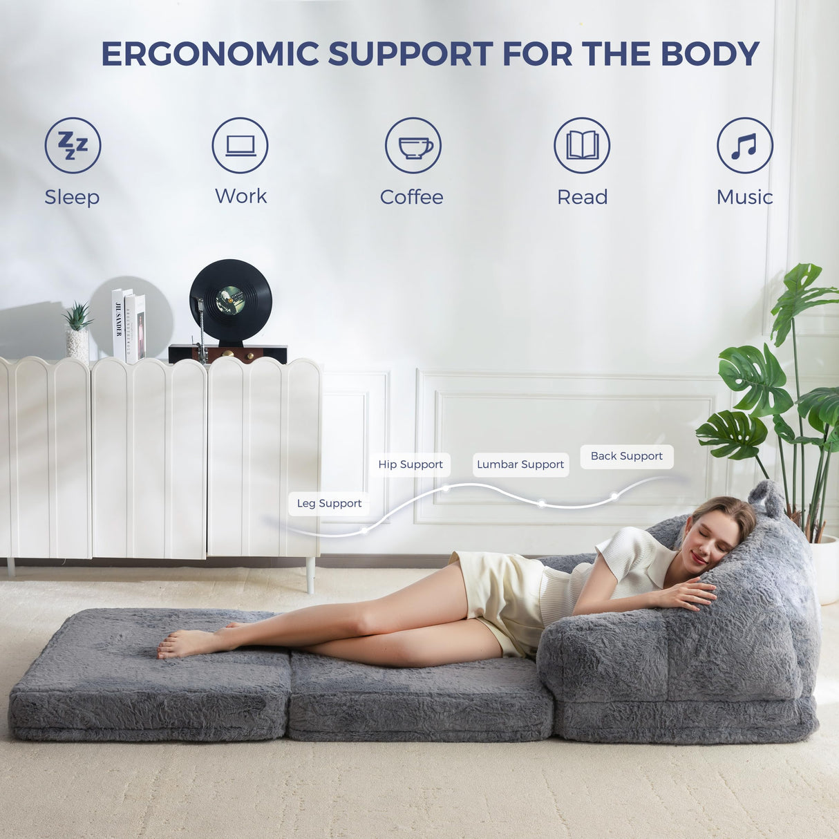 MAXYOYO Folding Sofa Bed, 2 in 1 Convertible Sofa to Lounger Comfy Single Bean Bag Chair for Adults, Floor Sleeper Couch with Handle, Faux Fur Couch Bed for Living Room Bedroom, Grey MAXYOYO