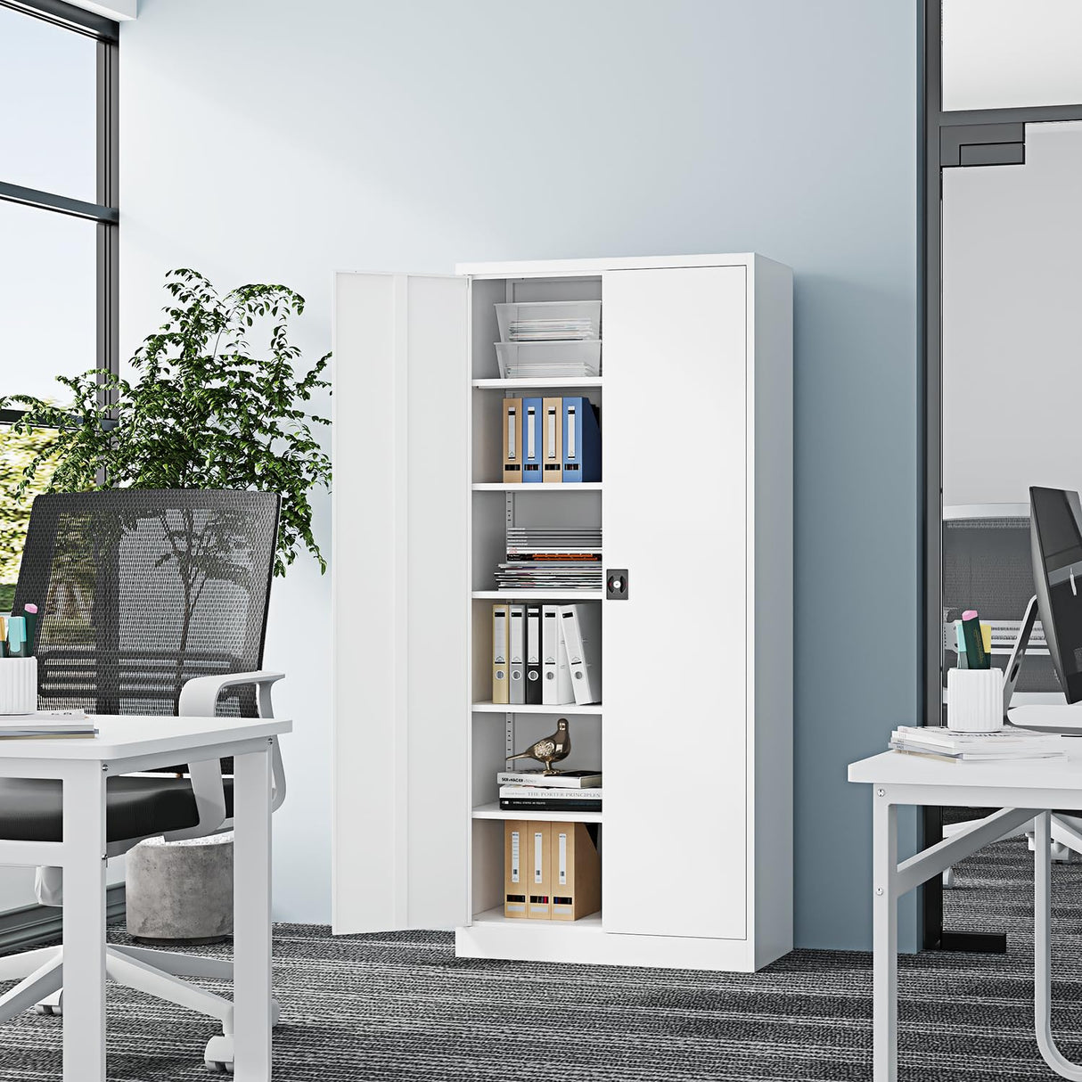 Fesbos Metal Storage Cabinet-72” Tall Steel File Cabinets with Lockable Doors and Adjustable Shelves-White Steel Storage Cabinet for Kitchen, Office, Garage Fesbos