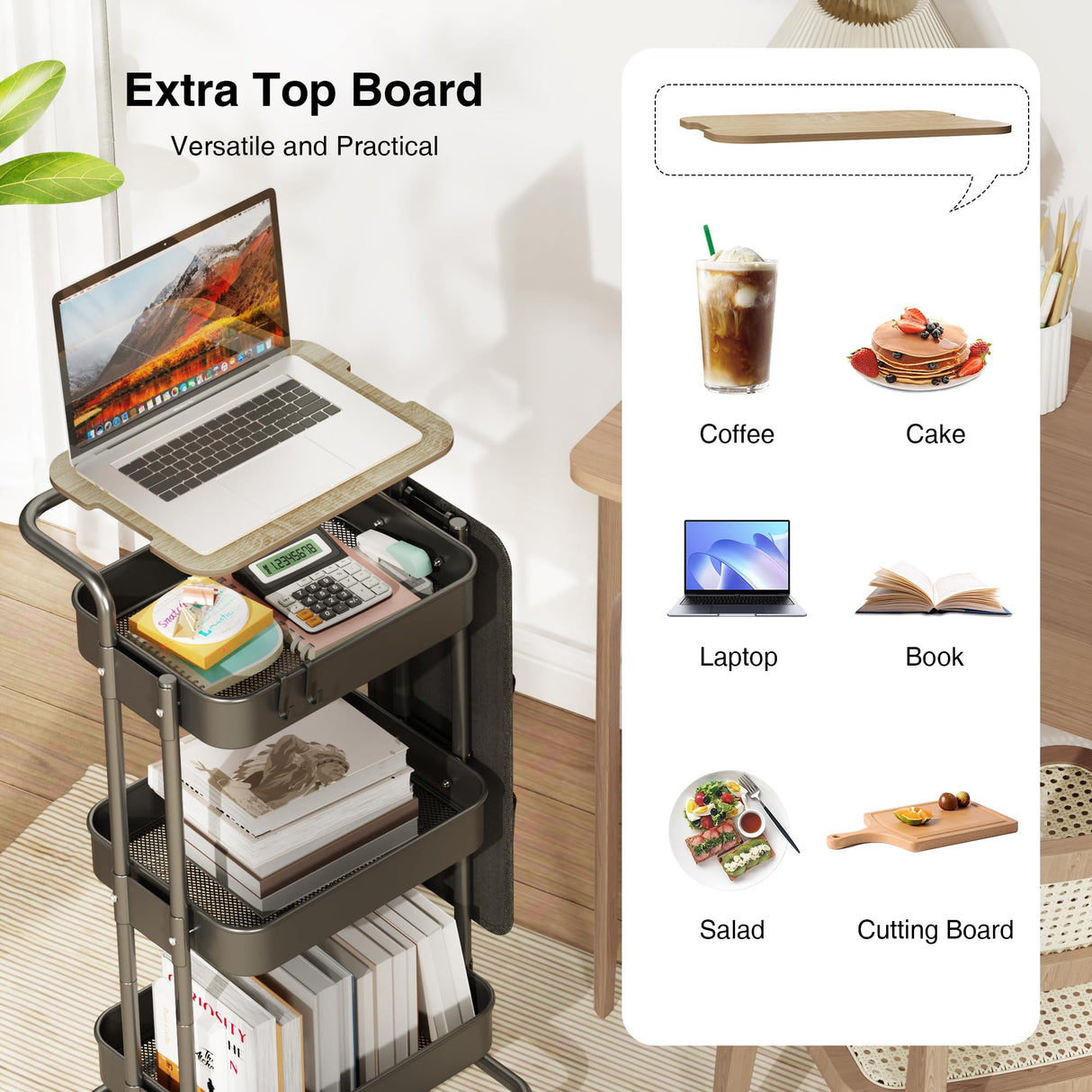 DTK 3 Tier Metal Utility Rolling Cart with Table Top and Side Bags, Tray Storage Organizer Wheels, Art Craft 4 Hooks for Kitchen Bathroom Office Living Room (Black) DTK