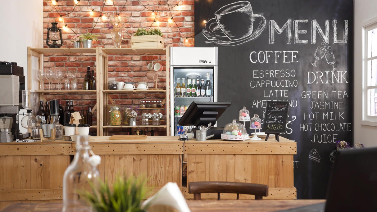 PremiumLevella PRF125DX Glass Door Display Refrigerator 12.5 cu ft Commercial Beverage Cooler Merchandiser With Customizable Lightbox - Silver PremiumLevella