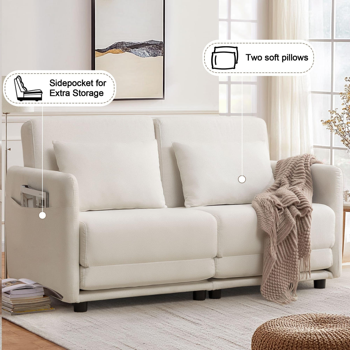 Korser 56.3" W x 74.8" L Small Full Size Pull Out Couch, Loveseat Sleeper with Side Pockets, Foldable Floor Sofa Bed with Breathable & Washable Cover, Futon Couch for Living Room or Bedroom, White Korser