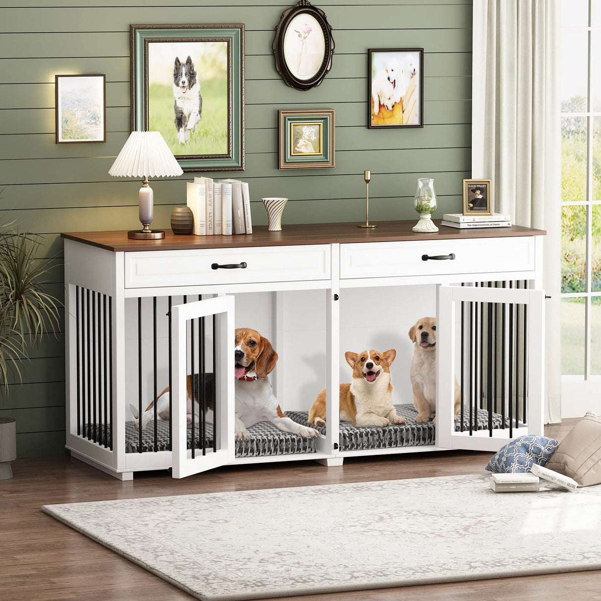 DAWNSPACES Furniture Style Dog Crate, 64.6 Inch Wooden Large Dog Kennel with Drawers & Divider, Indoor Dog House Furniture with Double Rooms for Medium Small Dogs, White DAWNSPACES