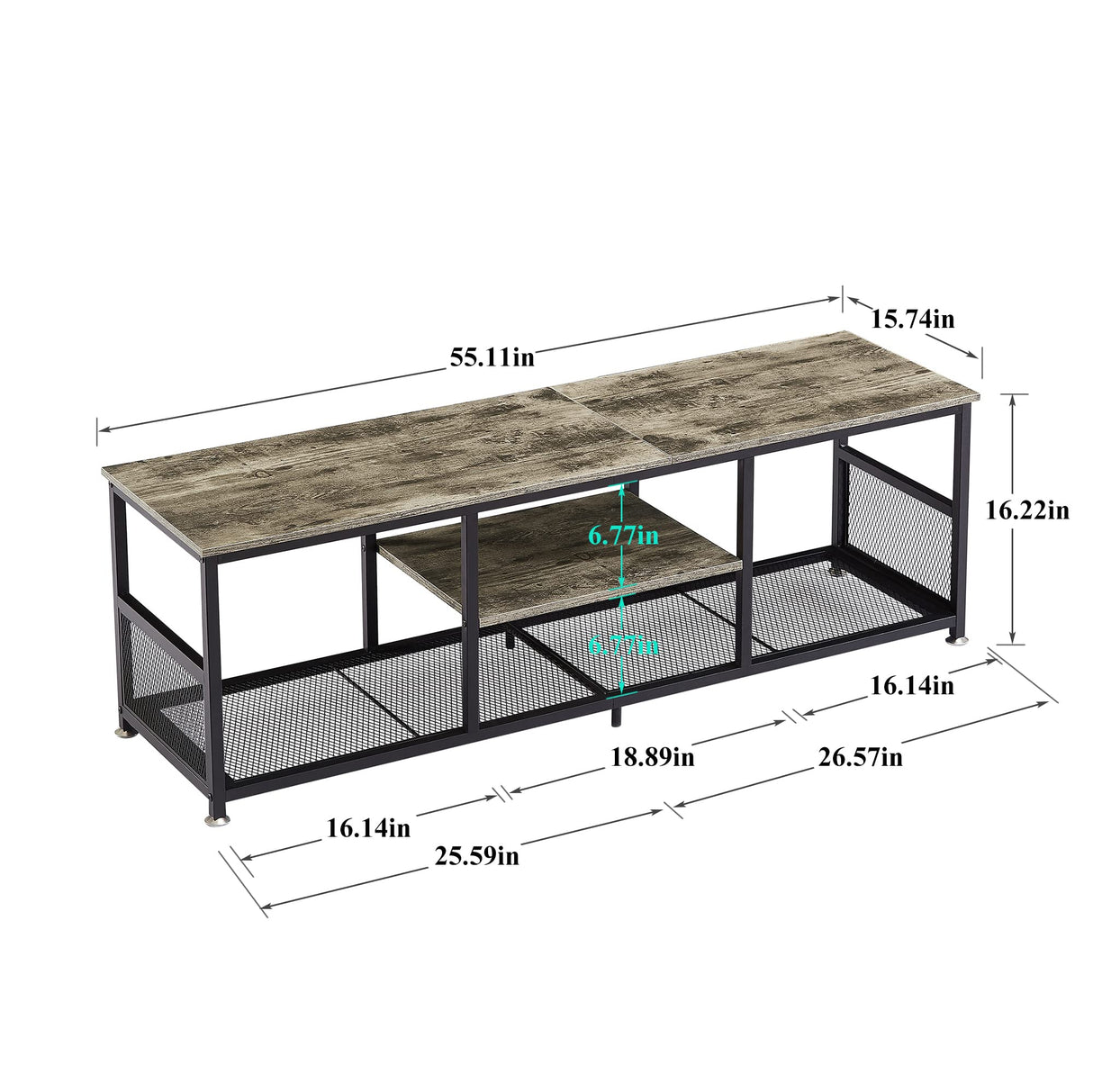 VECELO Industrial TV Stand for Televisions up to 65 Inch, 55" Entertainment Center with Open Storage Shelves for Living Room/Bedroom, 3 Tiers Media Console Table with Metal Frame, Grey, 55 Inches VECELO