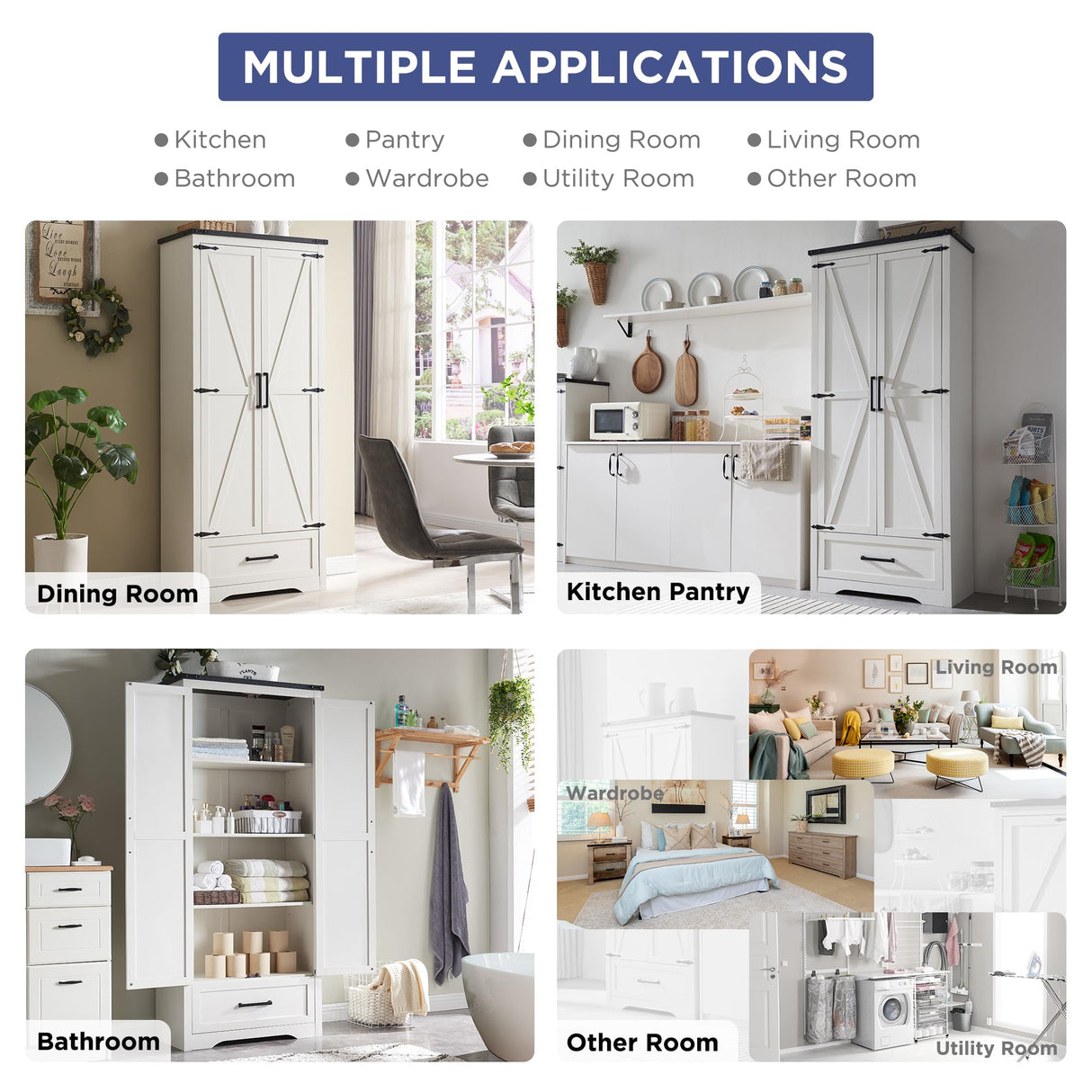 JXQTLINGMU 72" Tall Farmhouse Kitchen Pantry with Adjustable Shelves, Large Wood Kitchen Storage Cabinets with 2 Barn Doors & Drawer, Versatile Storage for Dining Room, Bathroom, Antique White JXQTLINGMU