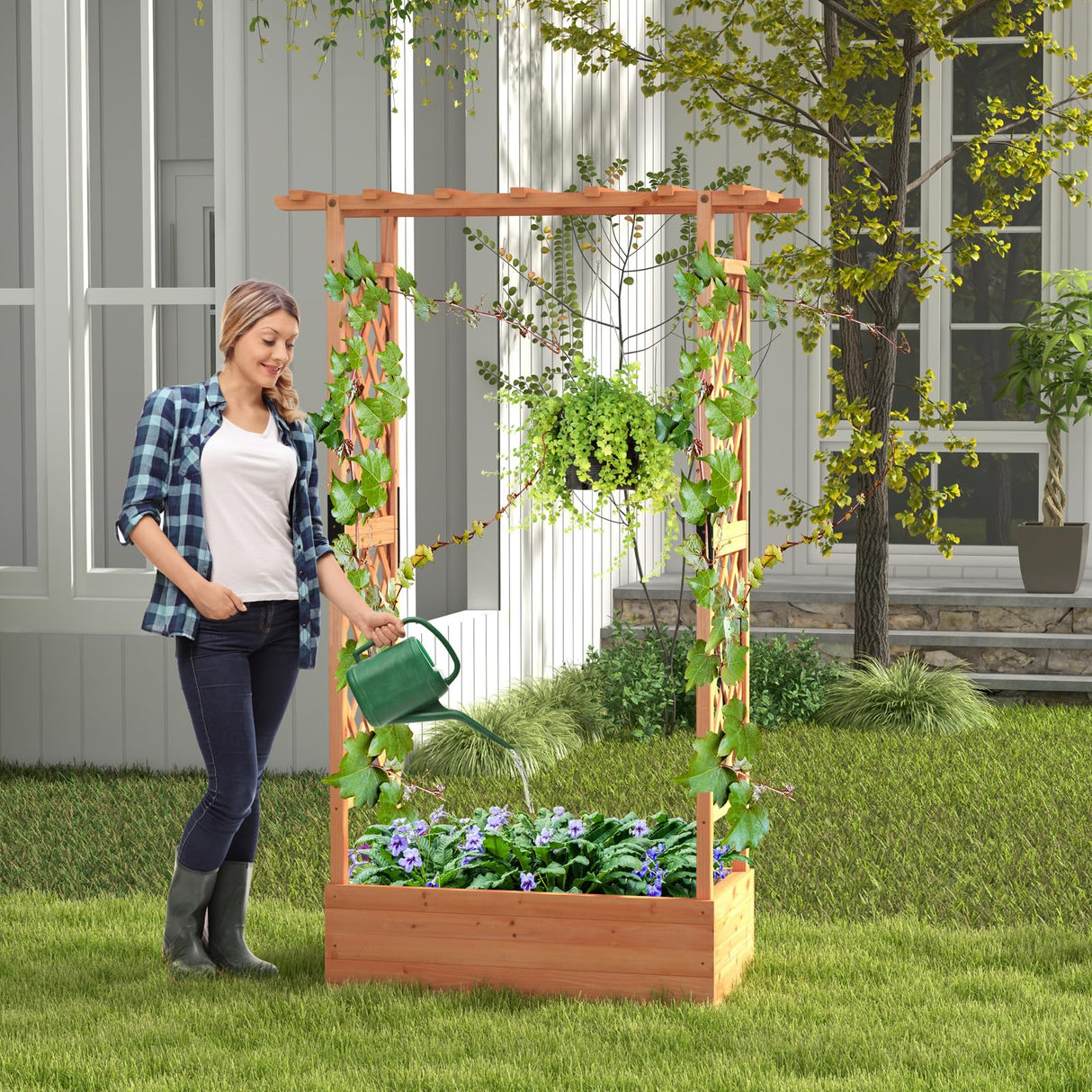 HAPPYGRILL 72" Raised Garden Bed with Trellis, 2 Pack Freestanding Wood Planter Box w/Hanging Roof & 2 Drainage Holes for Vine Climbing Plants Flowers, Outdoor Planter w/Trellis for Garden Patio HAPPYGRILL