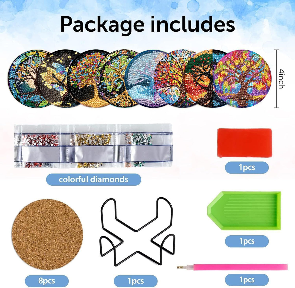 igoodom 8 Pcs Tree of Life Diamond Art Coasters Kit with Holder, DIY Tree Diamond Painting Coasters for Beginners Adults, Non Slip Diamond Art Kits Craft Supplies 4x4inch igoodom
