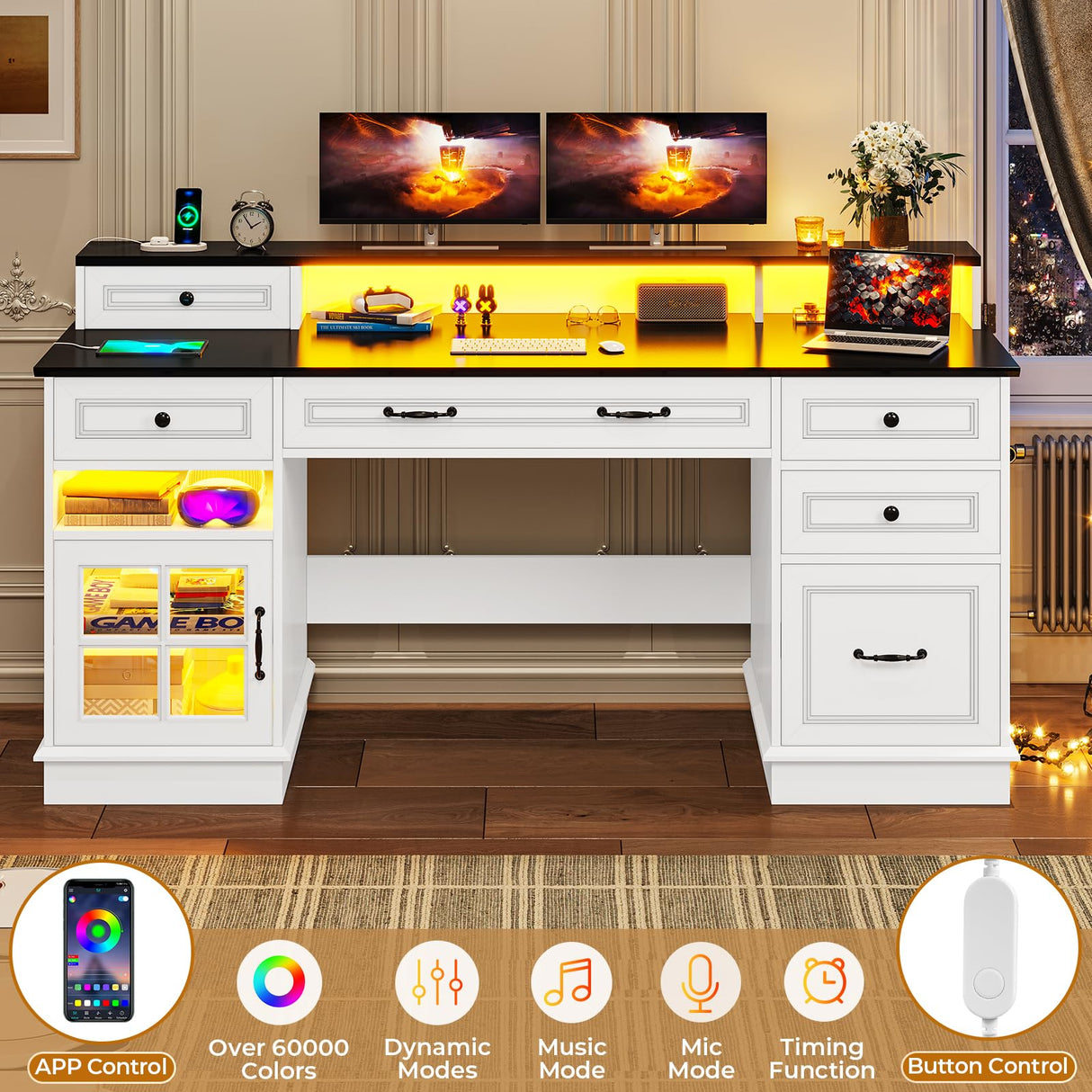 BTHFST Executive Desk with File Drawer, Computer Desk with Monitor Stand, Home Office Desk with Drawers & Storage Cabinet, Writing Desk with Charging Station & LED Lights, White BTHFST