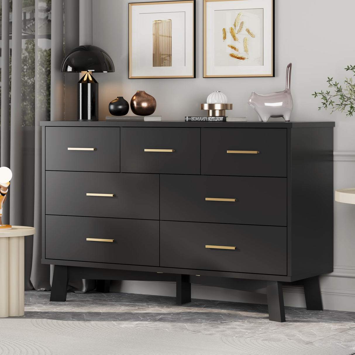 Dresser for Bedroom with 7 Drawer, Wood Modern Chest of Drawers with X-Shaped Sturdy Base, Wide Double Dresser Closet Clothes Storage Organizer, Wooden Dresser TV Stand for Living Room, Hallway, Black Xixini